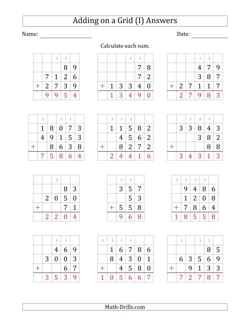 The Adding Three Various-Digit Numbers on a Grid (I) Math Worksheet Page 2