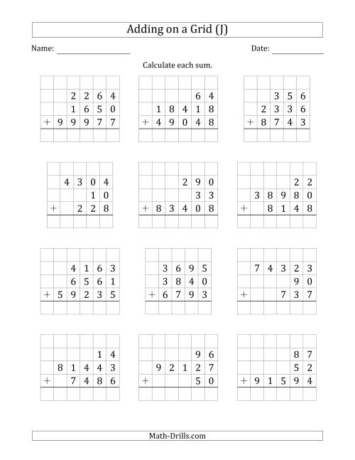 The Adding Three Various-Digit Numbers on a Grid (J) Math Worksheet