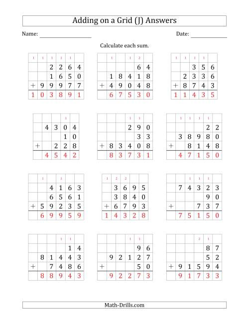 The Adding Three Various-Digit Numbers on a Grid (J) Math Worksheet Page 2