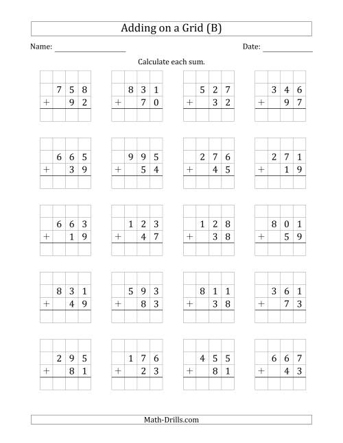 The Adding 3-Digit Plus 2-Digit Numbers on a Grid (B) Math Worksheet
