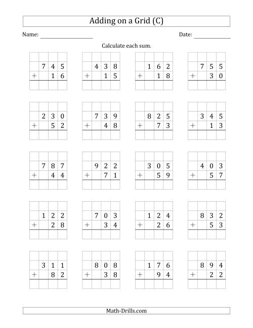 The Adding 3-Digit Plus 2-Digit Numbers on a Grid (C) Math Worksheet