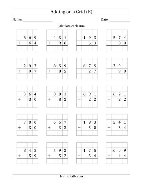 The Adding 3-Digit Plus 2-Digit Numbers on a Grid (E) Math Worksheet