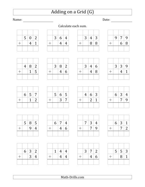 The Adding 3-Digit Plus 2-Digit Numbers on a Grid (G) Math Worksheet