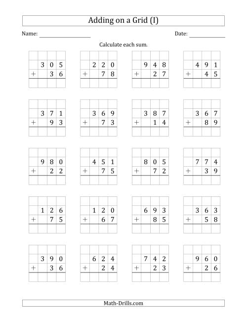 The Adding 3-Digit Plus 2-Digit Numbers on a Grid (I) Math Worksheet