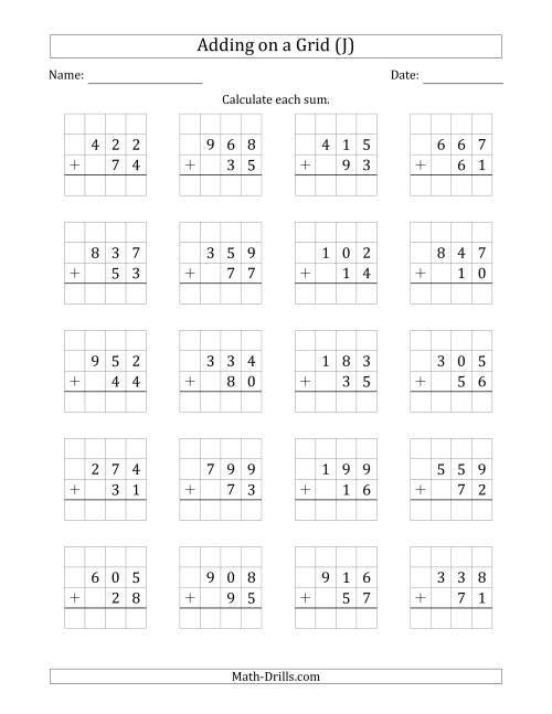 The Adding 3-Digit Plus 2-Digit Numbers on a Grid (J) Math Worksheet