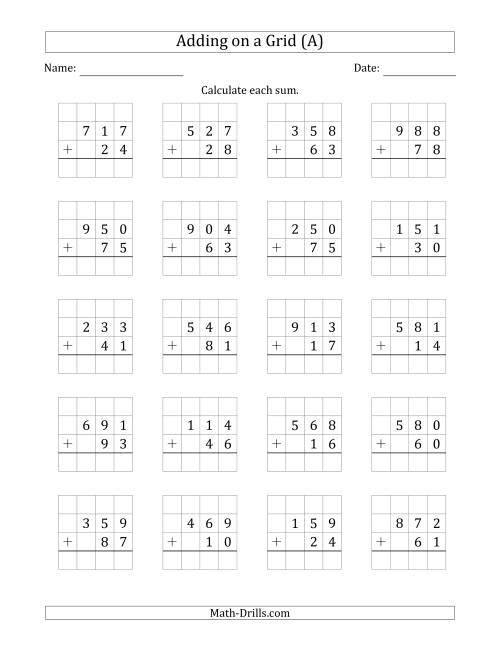 The Adding 3-Digit Plus 2-Digit Numbers on a Grid (All) Math Worksheet