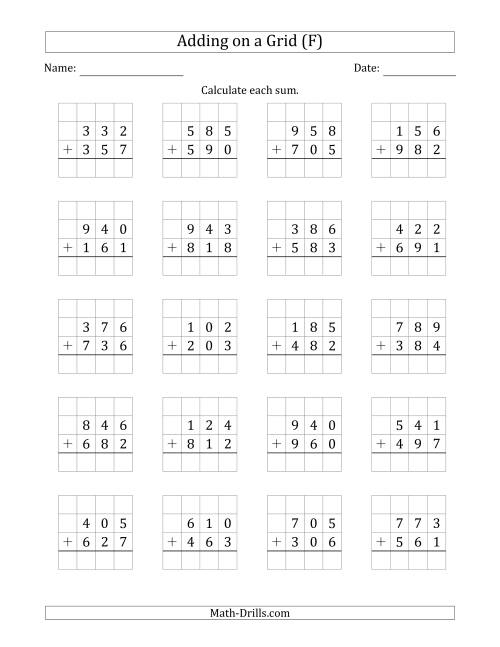 The Adding 3-Digit Plus 3-Digit Numbers on a Grid (F) Math Worksheet