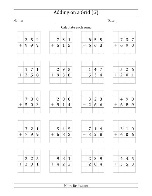 The Adding 3-Digit Plus 3-Digit Numbers on a Grid (G) Math Worksheet
