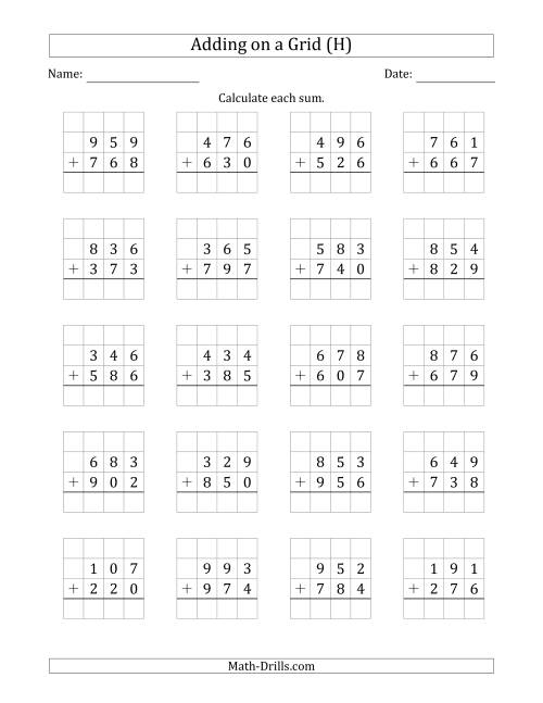 The Adding 3-Digit Plus 3-Digit Numbers on a Grid (H) Math Worksheet