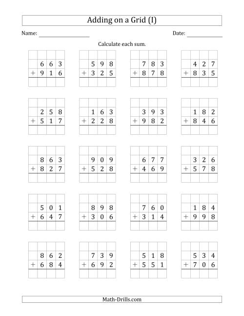 The Adding 3-Digit Plus 3-Digit Numbers on a Grid (I) Math Worksheet