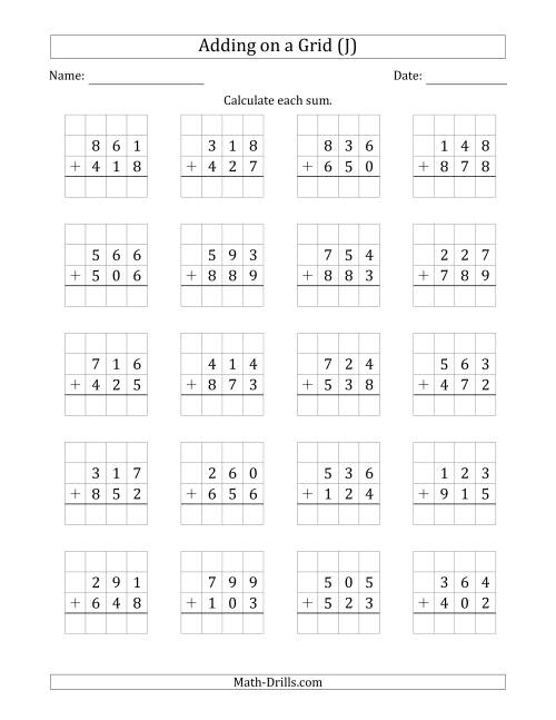 The Adding 3-Digit Plus 3-Digit Numbers on a Grid (J) Math Worksheet