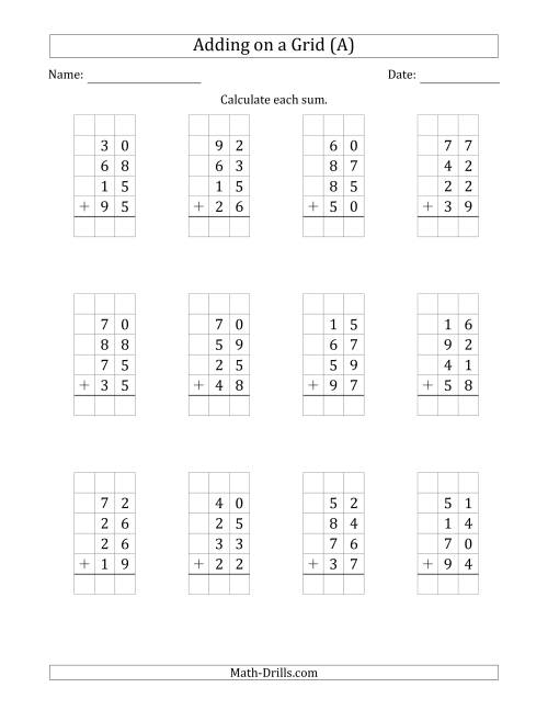 The Adding Four 2-Digit Numbers on a Grid (A) Math Worksheet