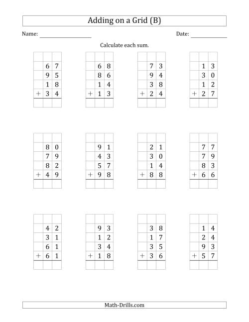 The Adding Four 2-Digit Numbers on a Grid (B) Math Worksheet