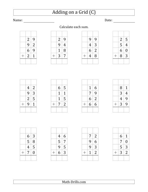 The Adding Four 2-Digit Numbers on a Grid (C) Math Worksheet