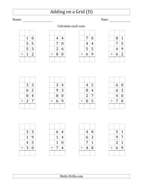 The Adding Four 2-Digit Numbers on a Grid (D) Math Worksheet