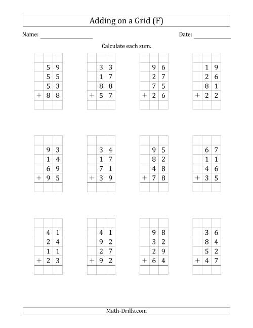 The Adding Four 2-Digit Numbers on a Grid (F) Math Worksheet