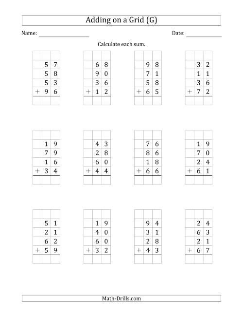 The Adding Four 2-Digit Numbers on a Grid (G) Math Worksheet