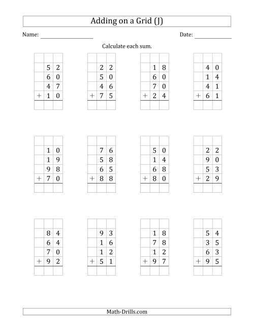 The Adding Four 2-Digit Numbers on a Grid (J) Math Worksheet