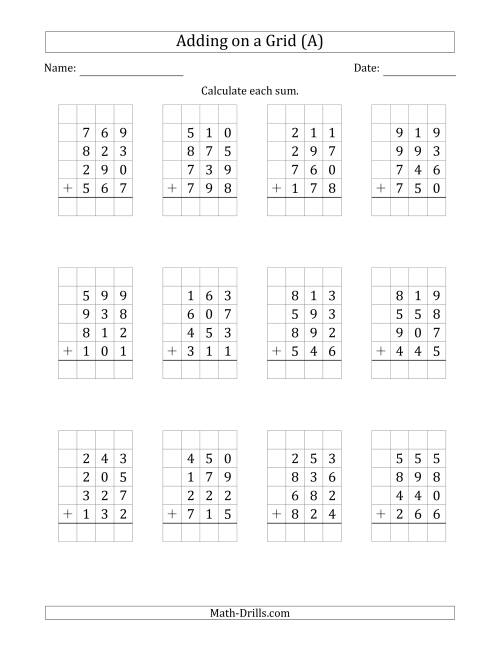 The Adding Four 3-Digit Numbers on a Grid (A) Math Worksheet