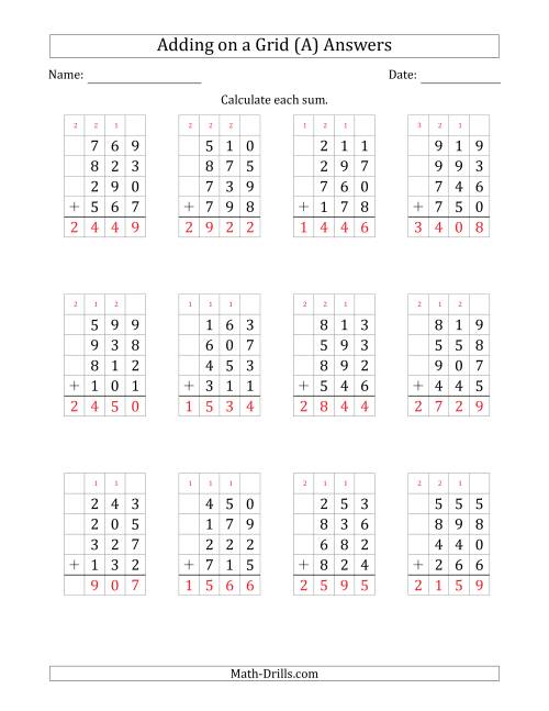 The Adding Four 3-Digit Numbers on a Grid (A) Math Worksheet Page 2