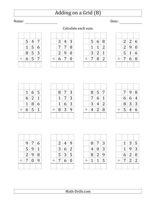 The Adding Four 3-Digit Numbers on a Grid (B) Math Worksheet