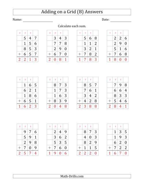 The Adding Four 3-Digit Numbers on a Grid (B) Math Worksheet Page 2