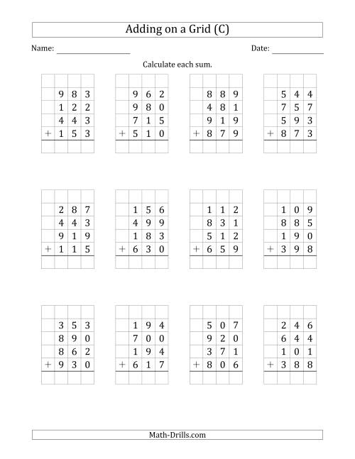 The Adding Four 3-Digit Numbers on a Grid (C) Math Worksheet