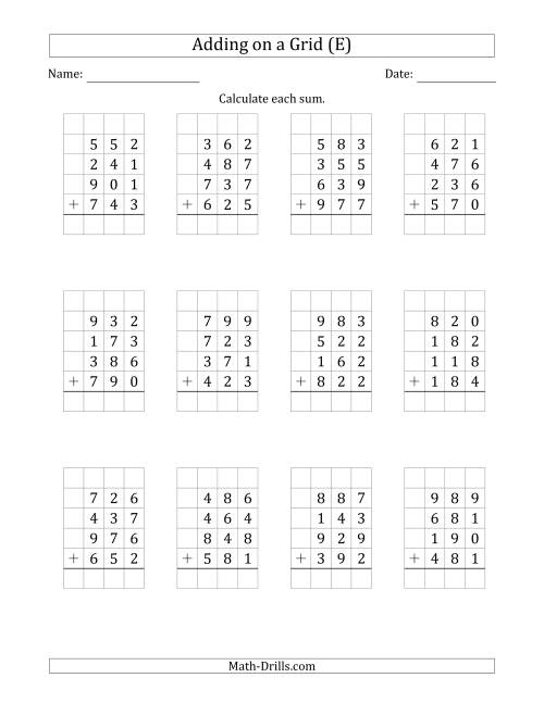 The Adding Four 3-Digit Numbers on a Grid (E) Math Worksheet