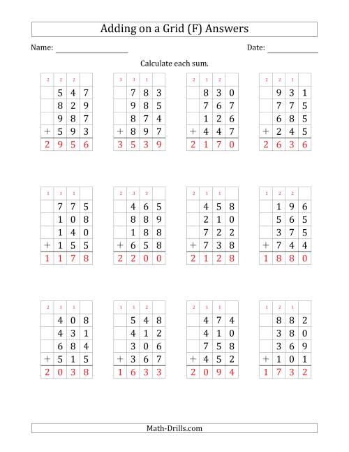 The Adding Four 3-Digit Numbers on a Grid (F) Math Worksheet Page 2