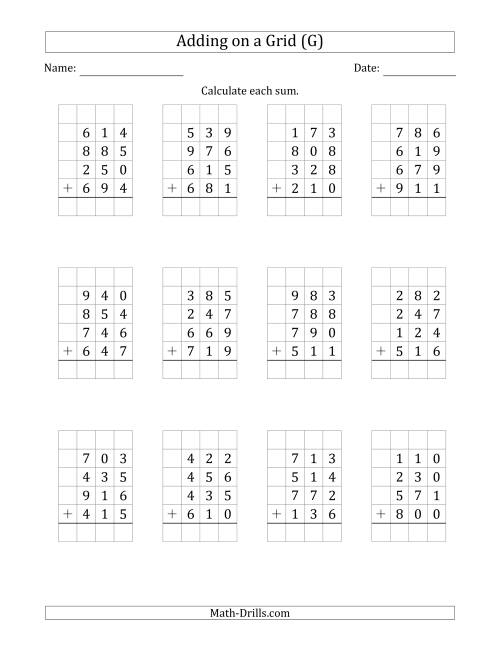 The Adding Four 3-Digit Numbers on a Grid (G) Math Worksheet