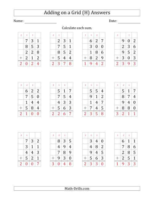 The Adding Four 3-Digit Numbers on a Grid (H) Math Worksheet Page 2