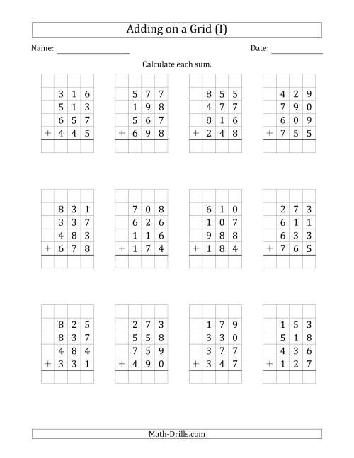 The Adding Four 3-Digit Numbers on a Grid (I) Math Worksheet