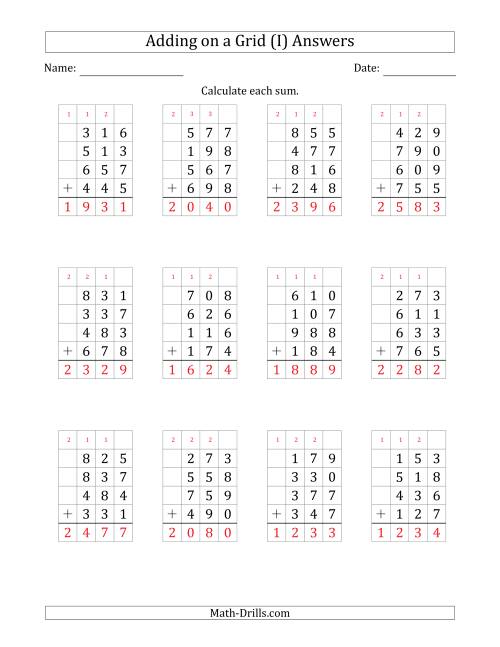 The Adding Four 3-Digit Numbers on a Grid (I) Math Worksheet Page 2
