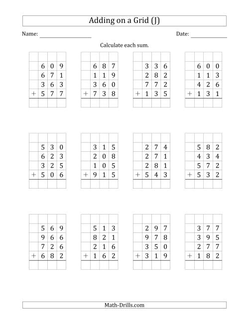 The Adding Four 3-Digit Numbers on a Grid (J) Math Worksheet