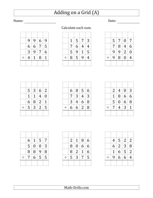 The Adding Four 4-Digit Numbers on a Grid (A) Math Worksheet