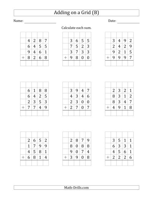 The Adding Four 4-Digit Numbers on a Grid (B) Math Worksheet