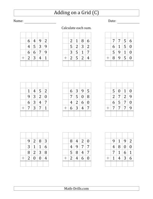 The Adding Four 4-Digit Numbers on a Grid (C) Math Worksheet
