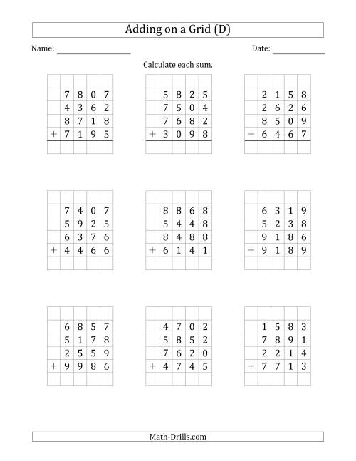 The Adding Four 4-Digit Numbers on a Grid (D) Math Worksheet