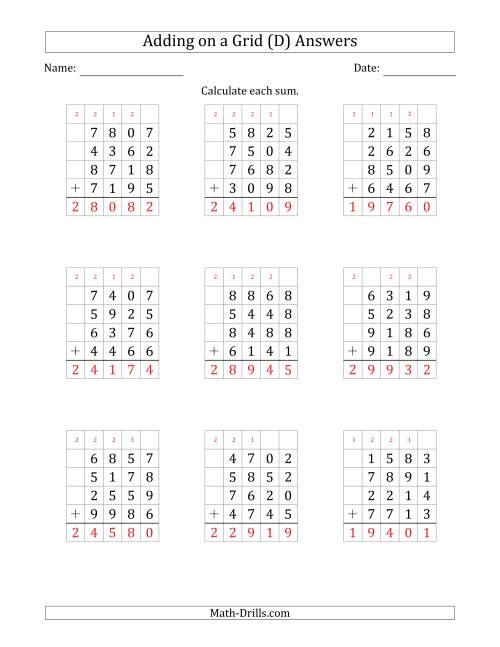 The Adding Four 4-Digit Numbers on a Grid (D) Math Worksheet Page 2