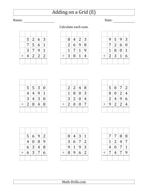 The Adding Four 4-Digit Numbers on a Grid (E) Math Worksheet