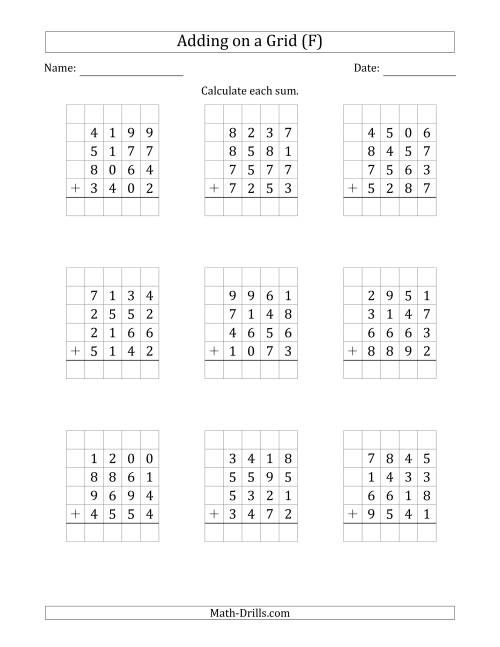 The Adding Four 4-Digit Numbers on a Grid (F) Math Worksheet