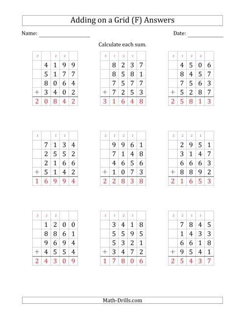 The Adding Four 4-Digit Numbers on a Grid (F) Math Worksheet Page 2