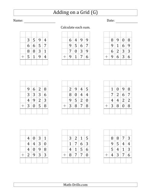 The Adding Four 4-Digit Numbers on a Grid (G) Math Worksheet