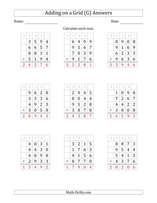 The Adding Four 4-Digit Numbers on a Grid (G) Math Worksheet Page 2