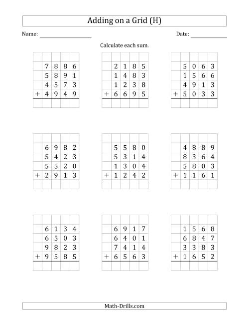 The Adding Four 4-Digit Numbers on a Grid (H) Math Worksheet