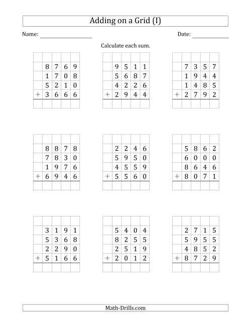 The Adding Four 4-Digit Numbers on a Grid (I) Math Worksheet