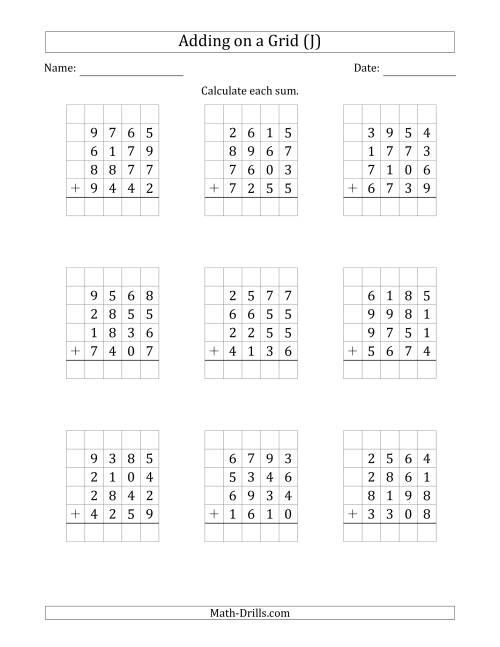 The Adding Four 4-Digit Numbers on a Grid (J) Math Worksheet
