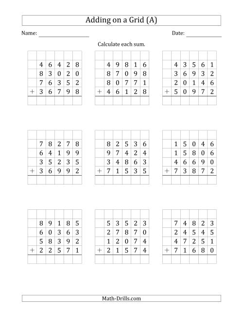The Adding Four 5-Digit Numbers on a Grid (A) Math Worksheet