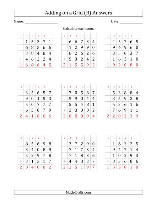 The Adding Four 5-Digit Numbers on a Grid (B) Math Worksheet Page 2