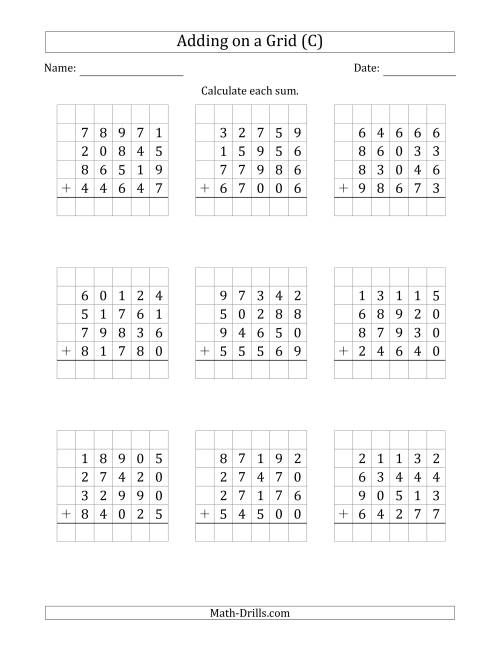 The Adding Four 5-Digit Numbers on a Grid (C) Math Worksheet